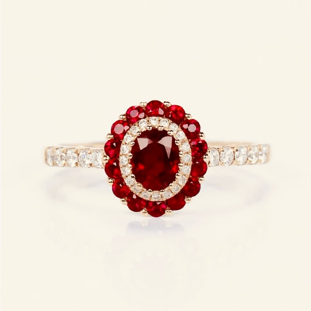 Genuine Pigeon Blood Ruby and Diamond Halo Engagement Ring 10K Solid Rose Gold